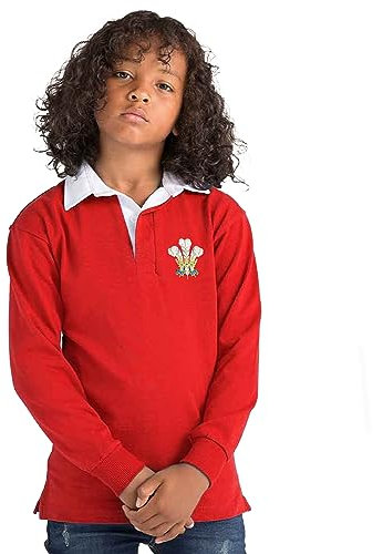 Walisisches klassisches Rugby-Shirt für Kinder, bestickt, Prinz von Wales, Federn, Jersey, Cymru Jungen, rot, 5-6 Jahre