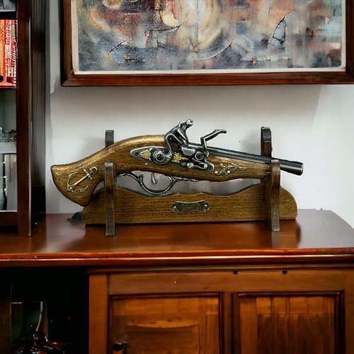 Steinschloss Pistole Mit Ständer oder Perkussions Pistole Holz und Metall Deko Waffen Replik LARP Reenactment historische Dekoration für einen Sammler oder Geschenk für Mann schießt Nicht (W179)