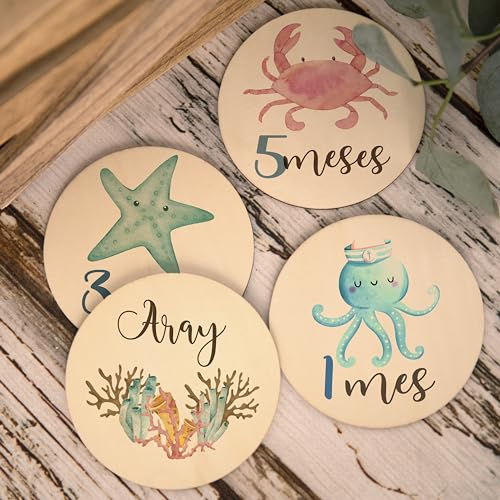 Placas cumple meses de nacimiento impresas en discos de madera personalizadas con nombre para regalo de bebes recien nacidos hitos mensuales de madera (Oceano Verde Agua)