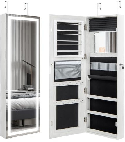 COSTWAY Armoire à Bijoux Murale, Grand Miroir Pleine longueur avec Éclairage LED 3 Couleurs, Rangement Bijoux pour Colliers, Boucles d’Oreilles, Installation Murale ou sur La Porte, Blanc