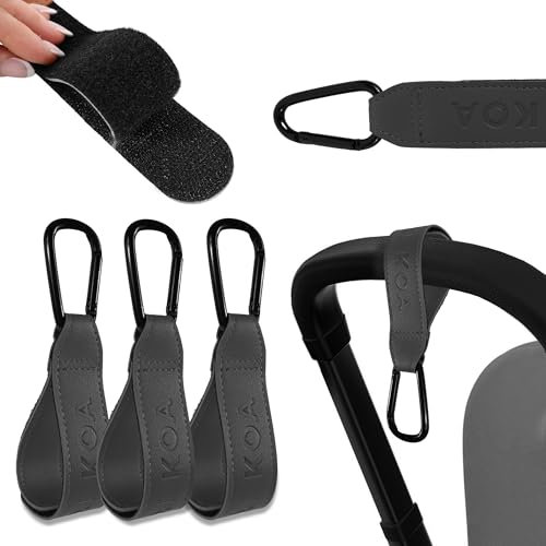 KAI KOA - Pack 3 Ganchos (Negro) para el carro de Bebe con Velcro y Mosquetón de alta resistencia, Perfectos para tu silla de paseo y Sillas de ruedas + Caja de presentación Perfecta para Regalo