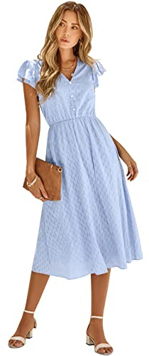 HEYPORK Damen Frühling Sommer Rock Bequem Lässig Kleider Mode Elegant Röcke Frauen Beiläufige Feste Farbe V-Ausschnitt Taille Abnehmender Frischer Stil Kleid(A Blau, S)
