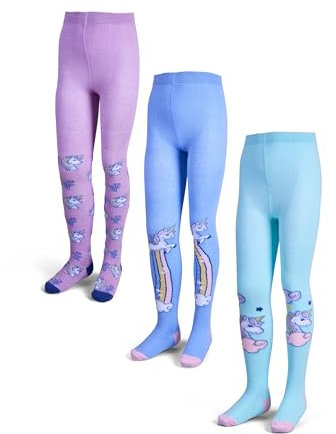 Basic Treasure Confezione da 3 collant per bambini, collant da ragazza, Unicorn, 134-140