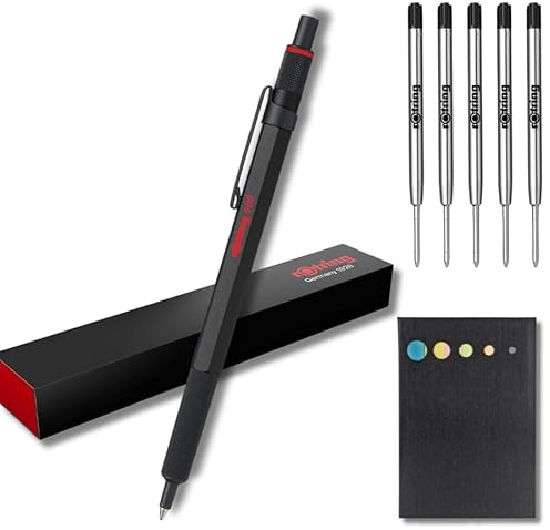 rOtring 600 Kugelschreiber-Set, mittlere Spitze, schwarze Tinte, schwarzer Schaft mit rutschfestem gerändeltem Griff, 5 schwarze Minen (M) + Haftnotizen
