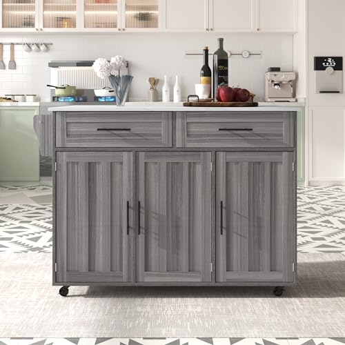 Merax Kücheninsel mit abklappbarer Arbeitsplatte, bewegliche Kücheninsel Servierwagen auf 5 Rollen mit 2 Schubladen/2 Türen/auswechselbare Massivholzfüße, 129 * 46(71)*91,5cm, Grau