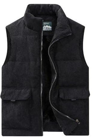 Sukany Men's Winter Warm Vest Sherpa Fleece Lined Waistcoat Zip Up Sleeveless Corduroy Jacket Stand Collar Padded Puffer Thermal Outerwear Black L
