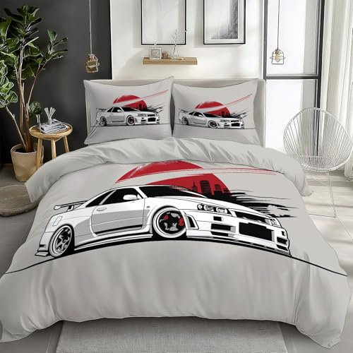 Quixora Bettwäsche-Set 135 x 200 cm Bettbezug Set Japanische Sportwagen Drucken für Jungen Kind Hypoallergen Drucken Bettwäsche Mikrofaser Rauchgrau Bettbezug mit Reißverschluss