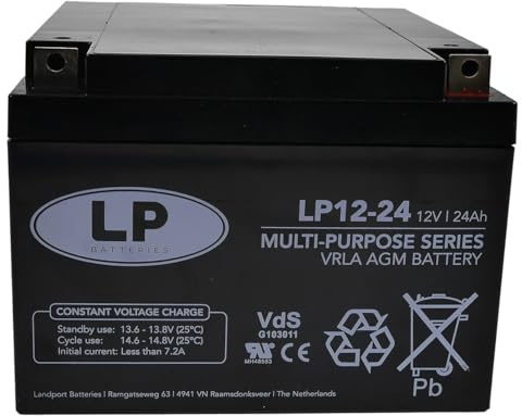 LP Batteries LP12-24 12V 24Ah Sealed Lead Acid Battery – AGM VRLA Rechargeable, Maintenance Free Backup Power for Security, Alarm, UPS, and Solar Systems (T3 Terminals)