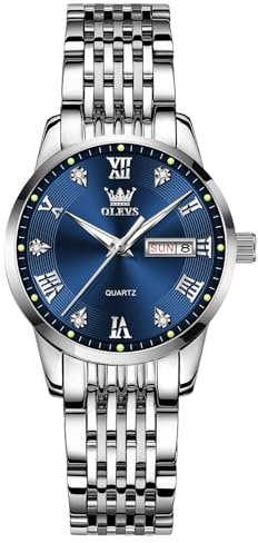 OLEVS Uhren Damen Klassisches Blaues Römische Ziffern Diamant Zifferblatt Armbanduhr Damen Kleines Gesicht Silber Edelstahl Analoger Quarz Damenuhr Leuchtend Wasserdicht Tag Datum Damenuhren