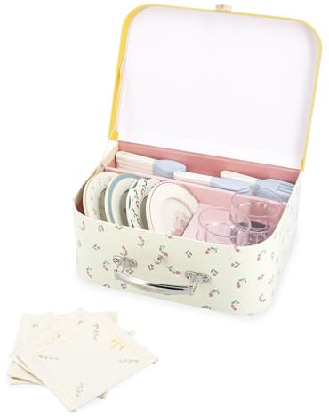 Janod - Valisette Dinette Bois - Kit Pique-Nique pour Enfants - pour 4 Personnes - 25 Pièces - Valisette en Carton - Idéal Accessoires Cuisine Enfant - Développe Imagination - Dès 3 Ans - J06637
