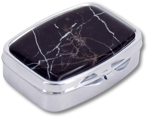 MEDIPILL - Pillendose für den Tag | Rechteckige Mini Medikamentenbox für Reisen | 2 sichere Fächer | Haltbares Metall | Mit Spiegel | Einteilig | Schwarzer Marmor | MED-J2-N