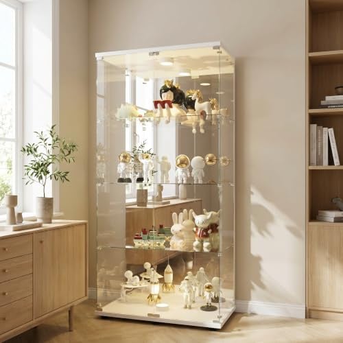 YNYHTER Vitrine aus Glas, LED, 164 x 80 x 36,5 cm, Vitrine aus Glas, 4 Regalböden, transparent, groß, verspiegelt, Sammlungsvitrine (2 Türen, 4 Schichten, Spiegel + Lichter, weiß)