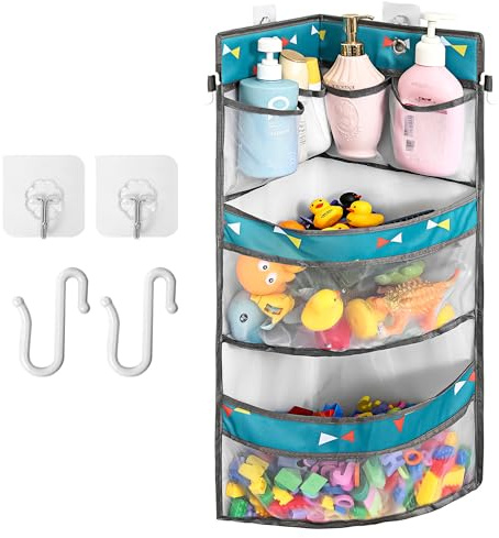 Linkidea Bathtub Caddy for Kids Bath Toy Storage, Large Capacity Multi Grid Container Bag, Mesh Shower Hanging Bag with Adhesive Hooks, Net Organizer for Bathroom & Bedroom Décor (Grey)