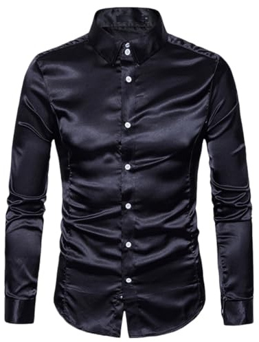 Men's Dress Shirt, Shiny Silk Like Satin Long Sleeve Shirts, Button Up Slim Chemise Smooth Wrinkle Free Tuxedo T-Shirt, Solid Stand Collar Casual Blouses for Dance Disco Nightclub Performance Costume