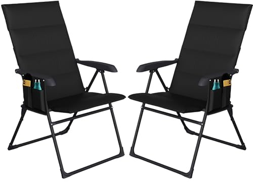 UR CHOICE Premium 5 Position Reclining Garden Chair, Foam Padded Folding Sun Lounger with Side Pocket, Portable Outdoor Patio Camping Recliner Chair, Heavy Duty Holds Up to 120kg (2, Black)