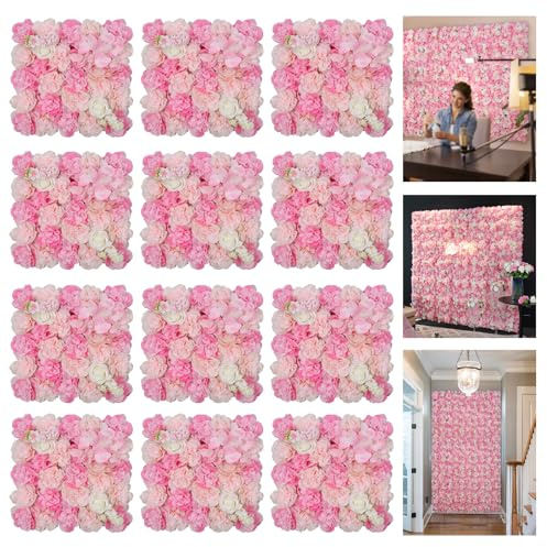 QinmiGarden Blumen Wand Hintergrund 12 Stück 42 * 42cm Künstliche Blumen Wandpaneele 3D Seide Rose Wanddekoration für Weddind Bühne Party Foto Hintergrund Heimdekoration (12, Rosa)