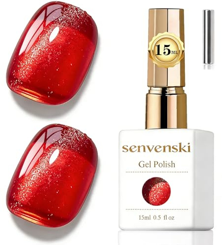 Senvenski Jelly Glass Cat Eye Gel Nail Polish with Magnet 15ML Magnetic 3D Galaxy Holographic Glitter Translucent Sheer Color Gel Polish Salon Home DIY (Tangerine Red, MY1-034)