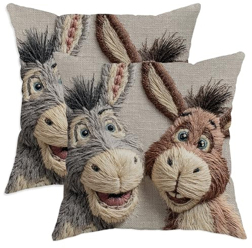 Niedliche Esel-Kissenbezüge, 2er-Set, beige Tier-Stickerei Drucken, lustige dekorative Bauernhaus-Dekoration für Wohnzimmer, Sofa, Bett, 40,6 x 40,6 cm