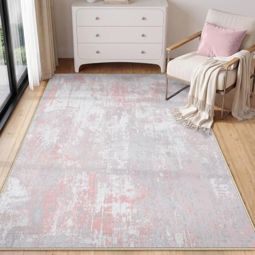 INOVADAY Tapis de Salon Lavable en Machine 90x150 cm Gris/Rose | Tapis Salon, Tapis Chambre, Abstrait, Moderne, Antidérapant, Cuisine, Salle à Manger, Douce, OEKO, Adapté à L'aspirateur