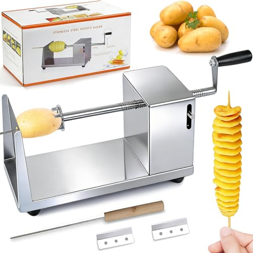 Spiral Potato Cutter, Manual Tornado Potato Spiral Cutter Stainless Steel Curly Fry Cutter Twisted Potato Slicer with Skewers Kitchen Tool for Potatoes, Cucumber, Carrot, BBQ