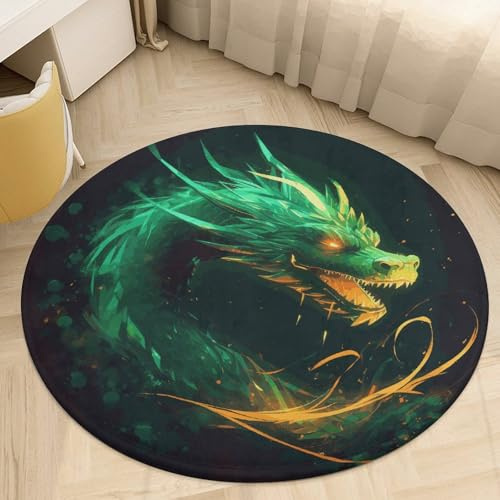 Teppich, rund, Korallensamt, rutschfeste Unterseite, wasserabsorbierend, Plüsch, 0,5 cm, niedriger Flor, Kreismatte, chinesischer Drache, Teppich für Küche, Schlafzimmer, Eingangsbereich, Kinderzimmer