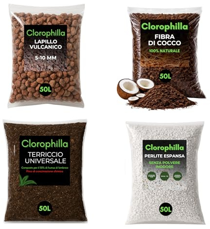 Clorophilla Kit Substrati per Piante – 4 Sacchi (Fibra di Cocco + Lapillo Vulcanico + Perlite Espansa + Terriccio Universale) – Drenaggio, Aerazione e Crescita Radicale (KIT 50L X4)