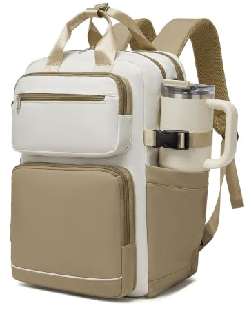 KONO Zaino Donna Porta PC 15,6 Pollici, Impermeabile e Grande Capacità con Tasca Porta Borraccia, Zaino Antifurto per PC Portatile, per Lavoro, Università e Viaggio (Beige/Kaki)