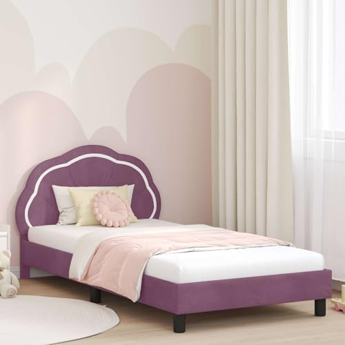 QUAHEAS Kinderbettgestell 90x200 cm Lila Samt, modernes Plattform-Bett mit Kopfteil Stauraum, Holzwerkstoffrahmen, Einzelbett für Schlafzimmer, max. 140 kg