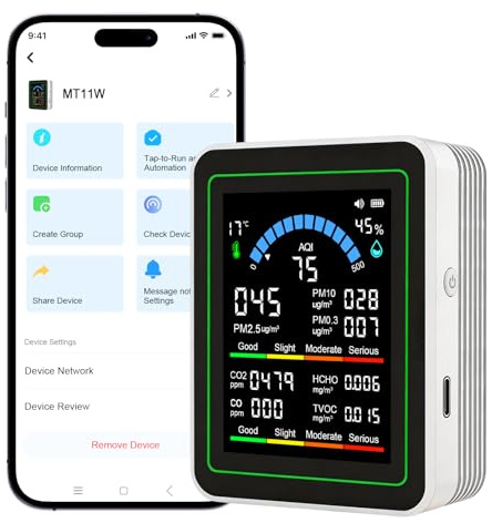 OBEST Moniteur de qualité de l'air, détecteur portable avec application pour mesurer PM2.5 / PM10 / PM0.3 / CO2 / CO/HCHO/TVOC/AQI/température et humidité, usine, bureau et intérieur