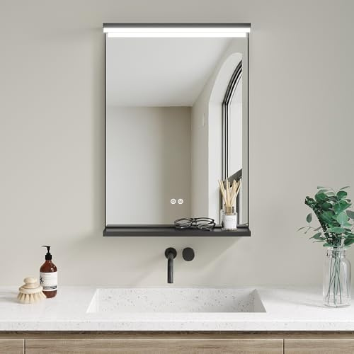 AQUALAVOS LED Spiegel 70x50 cm mit Ablage – Beleuchteter Badspiegel mit stufenloser Dimmfunktion | Anti-Beschlag-Funktion | Touch-Schalter | Kaltweißes Licht | Aluminiumprofil Matt Schwarz | Speicherf