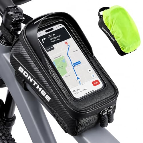 BONTHEE Rahmentasche Fahrrad Handytasche Wasserdicht 1,5L Fahrradtasche mit Handyfach & Sonnenblende, TPU Touchscreen Oberrohrtasche für Handys bis 7 Zoll, mit Kabelöffnung für E-Bike MTB GravelBike