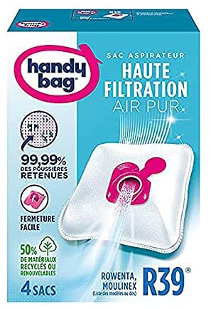 Melitta Handy Bag 4 Sacs Aspirateurs, Pour Aspirateurs Rowenta et Moulinex, Fermeture Hermétique, Filtre Anti-Allergène, R39, Lot de 1, Blanc