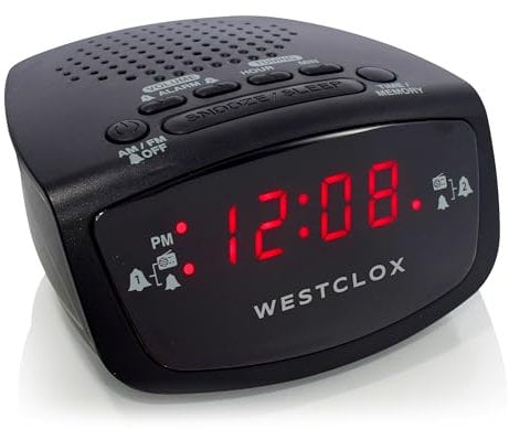Westclox Dual Alarm Clock Radio 0.6 Red LED Display, FM Radio with 20 Presets, Adjustable Brightness, Snooze & Battery Backup, Digital FM Clock Radio Alarm for Bedrooms (Black)