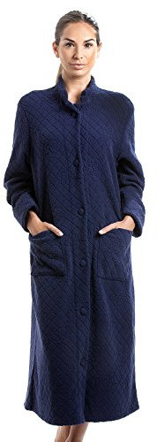 Camille - Vestaglia da casa in morbido pile, motivo floreale, lunghezza intera, con bottoni blu navy 44/46 IT