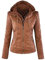 Newbestyle Giacca in pelle da donna con cerniera, cappotto con cappuccio corto, marrone, XL