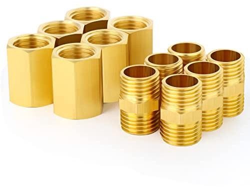 ERGAOBOY 12 Stk 1/4 x 1/4 Metals Messing Rohrverschraubung, Sechskantnippel und Sechskantkupplung, 1/4 x 1/4 BSP Außengewinderohr, 1/4 x 1/4 BSP Innengewinderohr