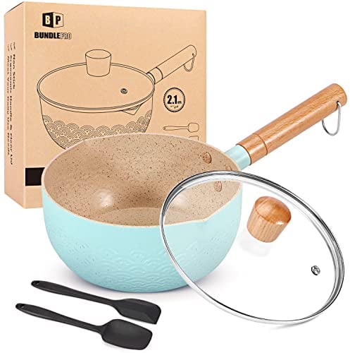 BUNDLEPRO, 2.1 Quart Saucepan Set with Lid, Nonstick Aluminum Sauce Pot, Induction Compatible Small Cooking Pots with Silicone Spatulas for Milk, Soup, Pasta, Egg, Rice (BLUE)