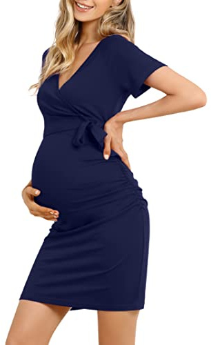KOJOOIN Robe de maternité élégante pour Femmes Robe de Grossesse à col en V Robe d'allaitement avec Robe Droite à Plis