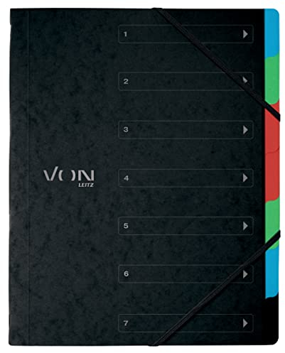 VON Leitz 5er Pack Ordnungsmappe A4 mit 6 Fächern, Projektmappe, Mit Registerkarten, Tragbare, Leichte Dokumentenablage aus Karton, Mit Gummibandverschluss, Schwarz, 30140095