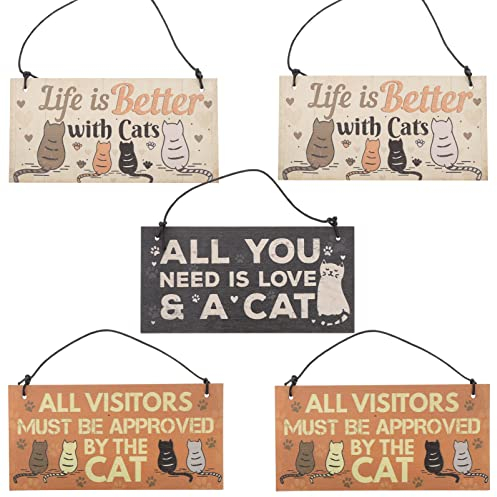 5Pcs Funny Cat Sign Life Es Mejor con La Puerta de La Placa de Madera de Carteles Colgantes para La Casa de La Casa Gato Decoración de La Pared de La Pared.