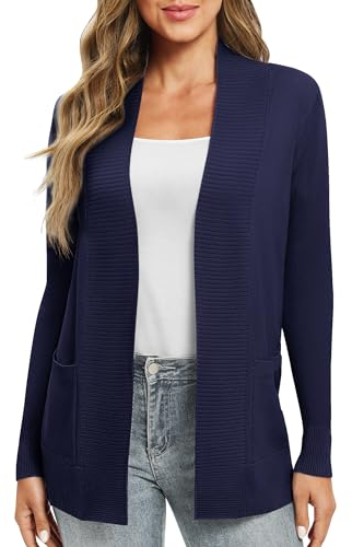 EXCHIC Donna Casuale Manica Lunga Lavorare a Maglia Cardigan Leggero Comodo Fronte Aperto Maglioni Lunghi con Tasche(S, Blu Navy)