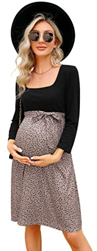 KOJOOIN Femme Robe de maternité Robes pour Femme Enceinte imprimé léopard Robe de Grossesse Manches Longues col carré(Emballage Multiple) Motif léopard Kaki-Manches Longues L