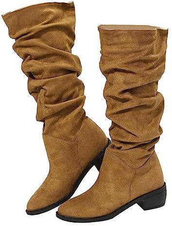 Onsoyours Stivali in Pelle Scamosciata da Donna con Tacco Grosso e Punta - Cavaliere Plissettati con Zeppa per Autunno e Inverno - Marrone 37 EU