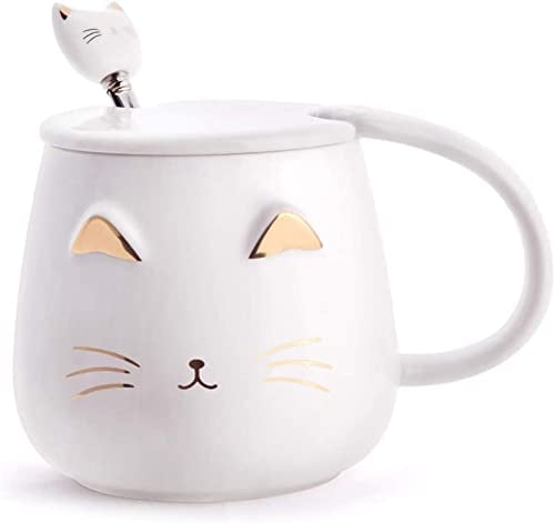 Aaliyahh Taza Linda del Gato Taza de café de cerámica con Cuchara de Acero Inoxidable para Gatitos,Animales 3d Tazas de gatos para amantes de los gatos Mujeres Regalos (Blanco)