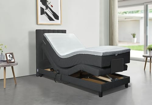 Tesla Dreams Boxspringbett Elektrisch verstellbare, Boxspringbett 90x200 Emotion, 7 Zonen Taschenfederkern-Matratze H2/H3, Tppper MemoLUX-10 cm Anthrazit
