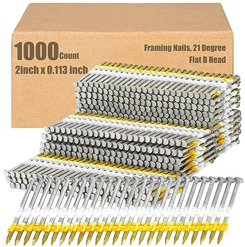 Therwen Framing Nails, 21 Degree, Flat D Head, Galvanized, Ring Shank, Plastic Row Fixed, 21 Degree Framing Nails for Use in All Pressure Treated Lumber (1000 Count,2 Inch x 0.113 Inch)