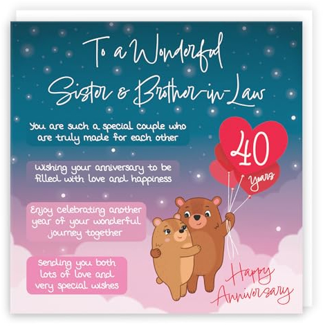Hunts England - Glückwunschkarte zum 40. Hochzeitstag für Schwester und Schwiegerbruder – Sternennacht – niedliche Bären – Vers Karte zum 40. Jahrestag für Schwester und Schwager – Geburtstagskarte