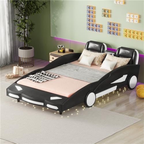 Modellautobett Kinderbett mit Rückenlehne und Rädern Flachbett Kinderbett für Jungen und Mädchen Autobett Geeignet für Kinder und Jugendliche (Schwarz+140 * 200cm)