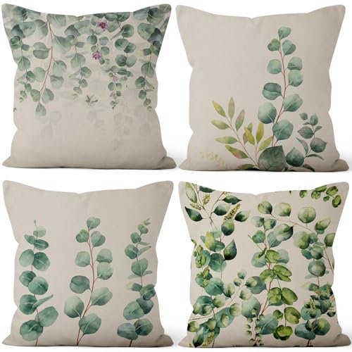 Uiiooazy Kissenbezug Eukalyptus, Kissenbezüge Grün Blätter Violett Blumen Vintage Quadratisch Kissenhülle Samt Zierkissenbezug für Sofa Couch Schlafzimmer Wohnzimmer Auto Zuhause, 4er Set, 40Bx40Hcm