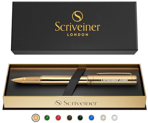 Scriveiner Gold Personalisierter Stift - Atemberaubender Luxus Tintenroller mit Gold Finish, Schmidt Tinte, Bestes Graviertes Tintenroller Geschenkset, Custom Name Gravur